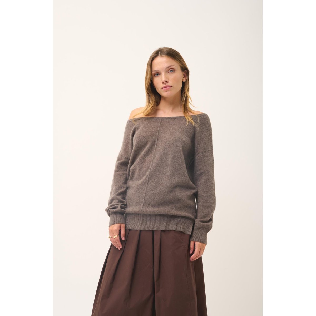 Pull Col Rond Taupe Chiné Karen marron, JUST CASHMERE