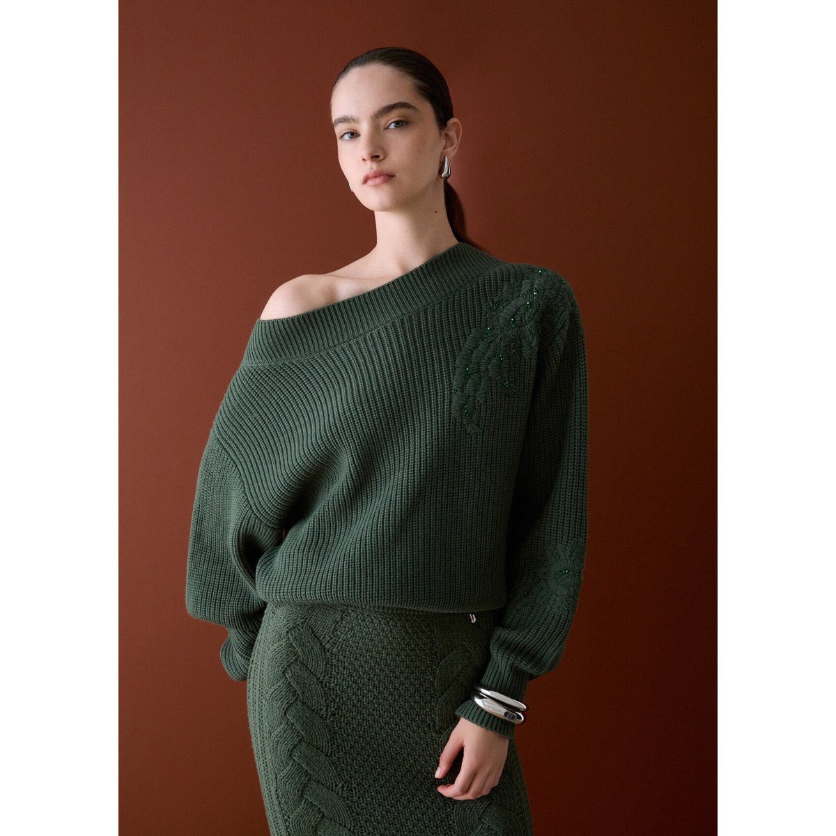 Maille en laine avec broderie vert foncé, LIU JO