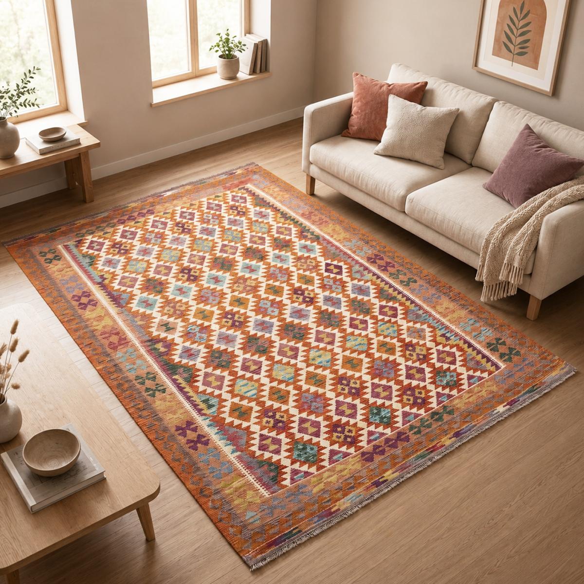 Tapis kilim géométrique, tissé plat authentique, laine, KILIM 51 multicolore, orange, rouge, UN AMOUR DE TAPIS