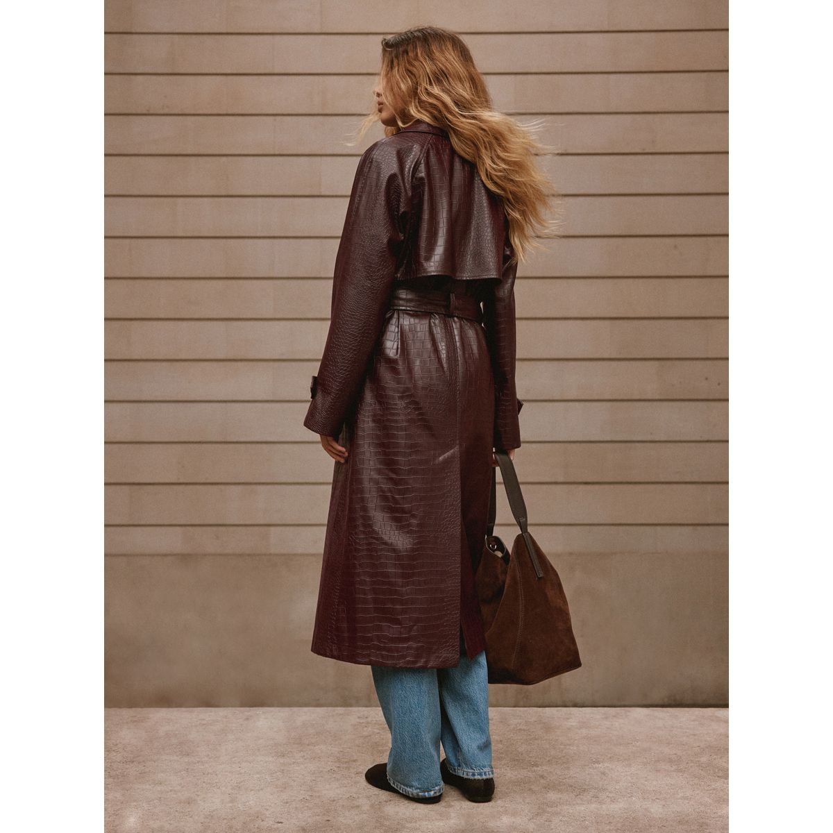 Trench en similicuir effet croco à ceinture marron chocolat, NEXT