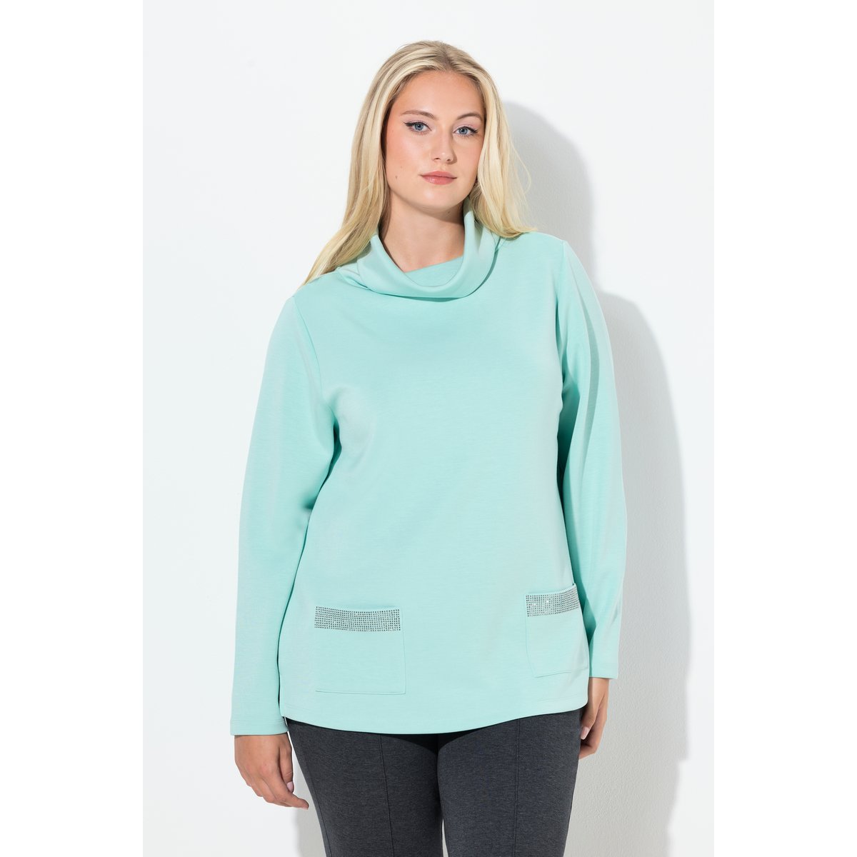 Sweat-shirt à col montant et manches longues bleu turquoise, ULLA POPKEN