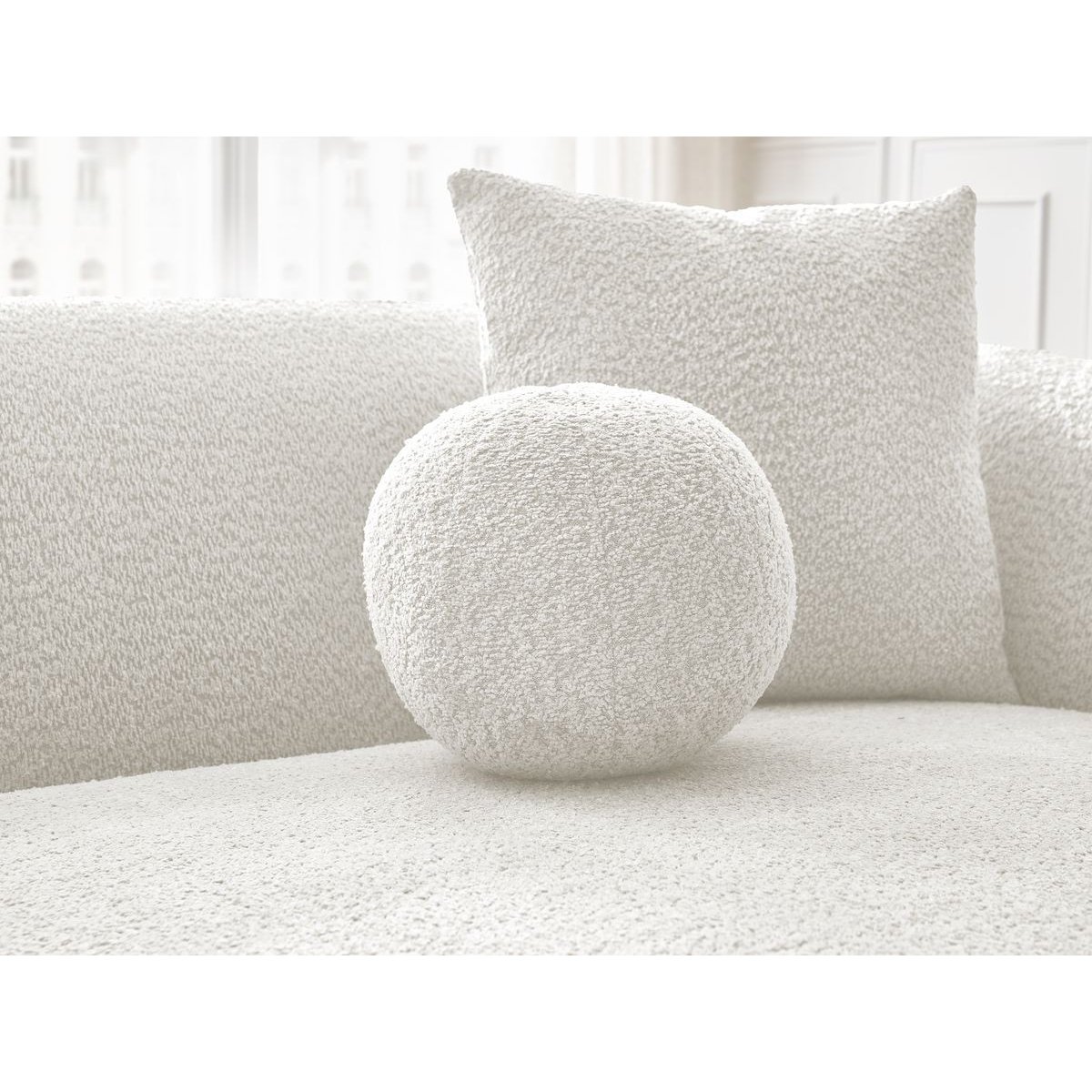 Canapé d'angle fixe 4 places en tissu bouclette avec pouf, ASHLEY blanc, BOBOCHIC