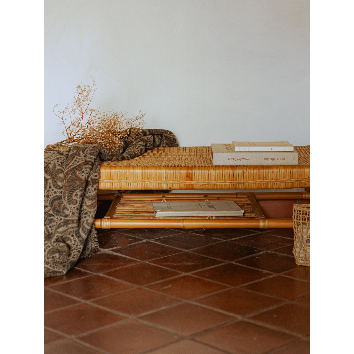 Table basse en osier et surface en cannage Léonie N°1074 - Bon état bois clair, DEBONGOUT
