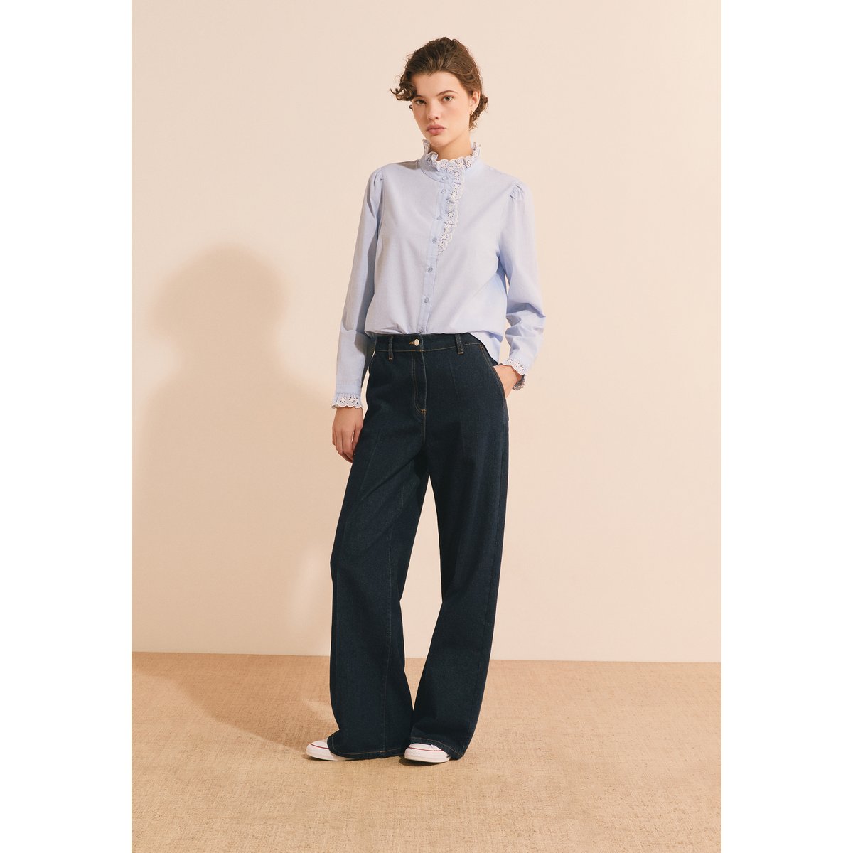 Chemise en coton avec broderie anglaise CARLY BROD bleu, ETAM