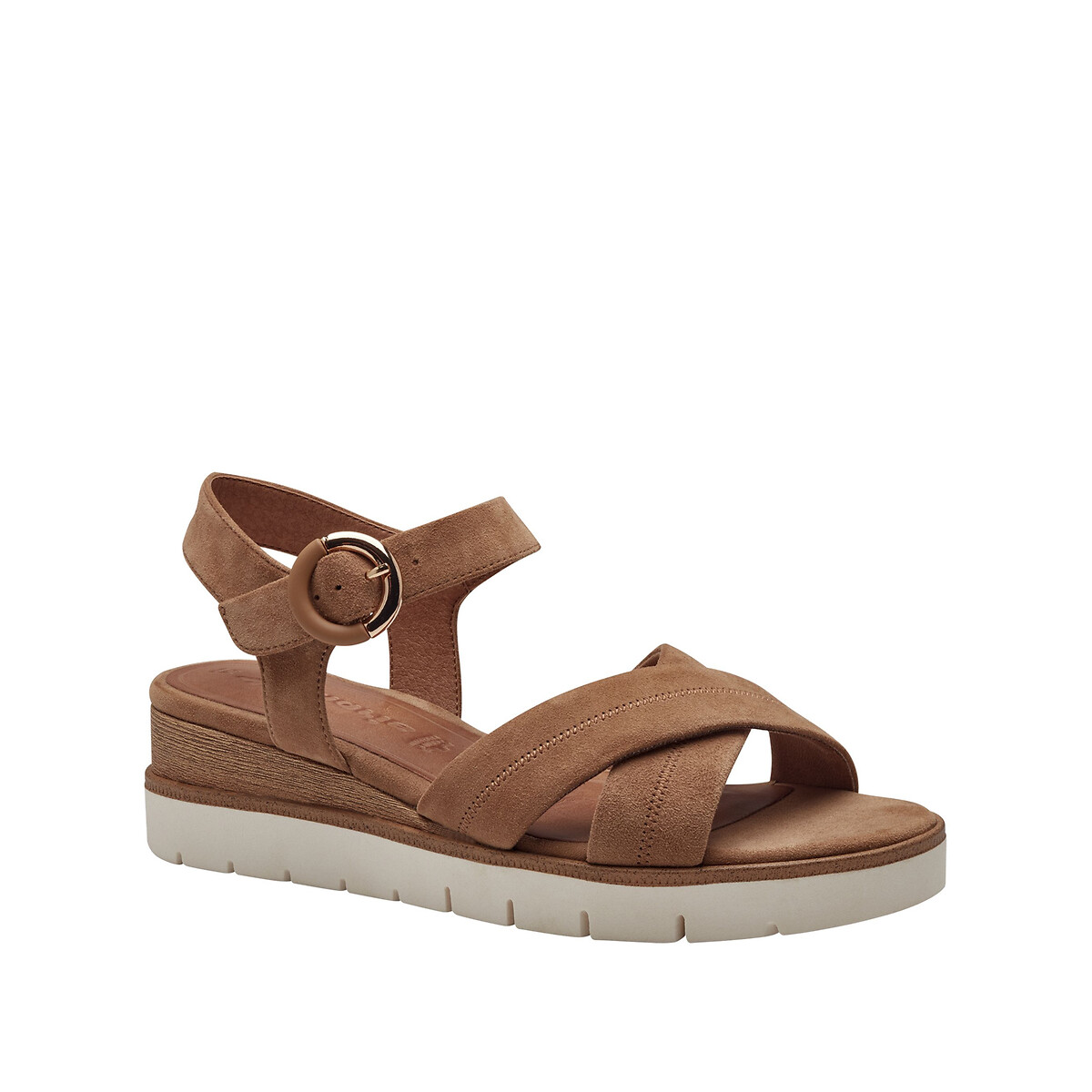 Sandales compensées en cuir camel, TAMARIS