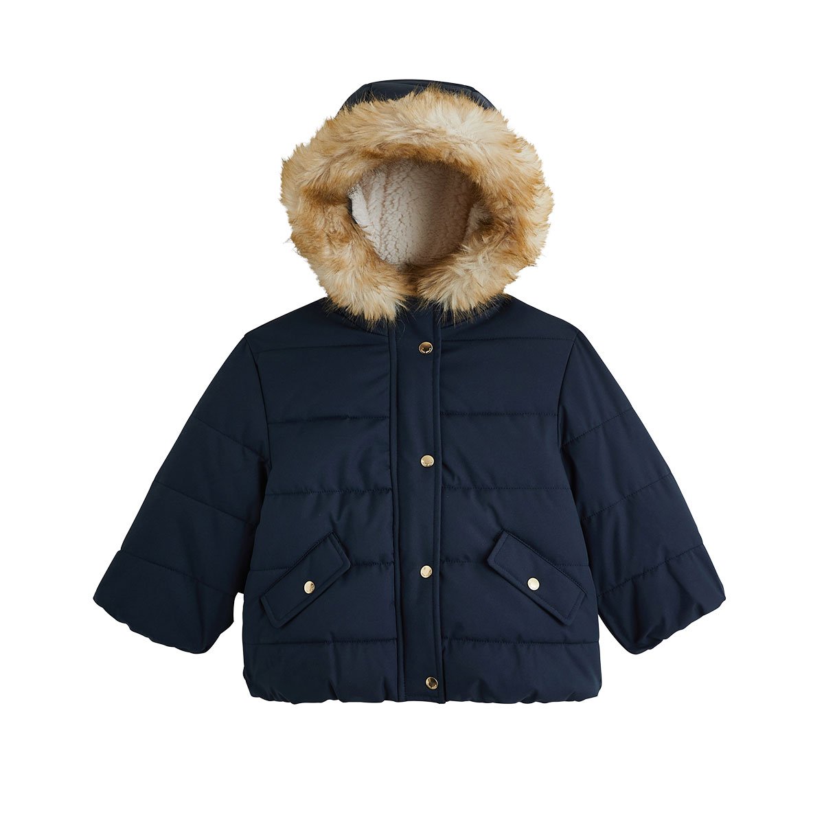 Doudoune enfant imperméable doublée sherpa avec capuche Adèle bleu, PETIT BEGUIN