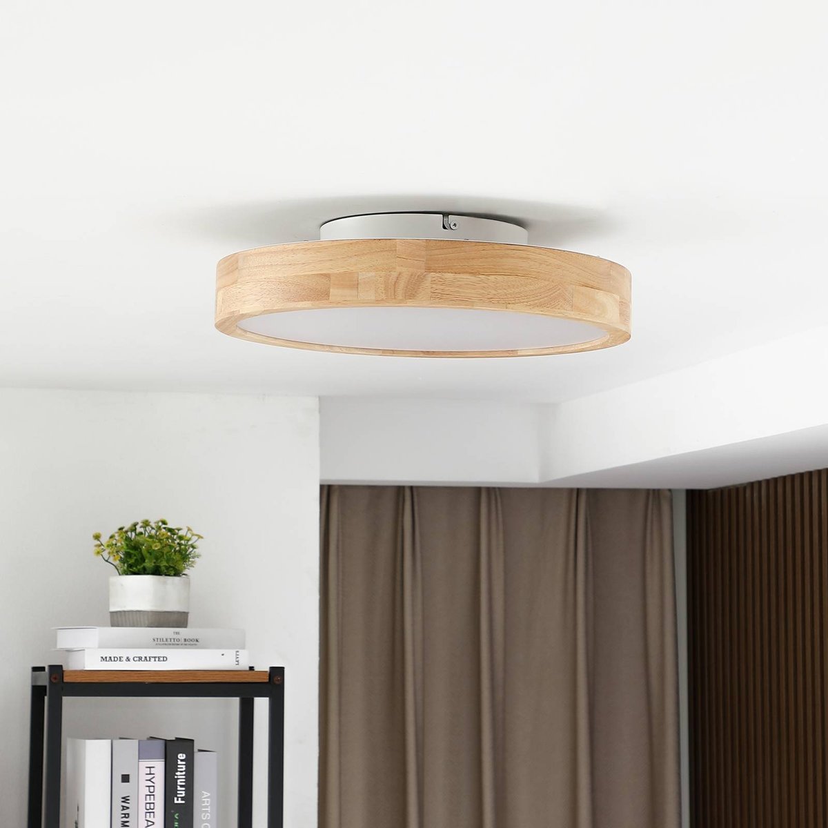 Plafonnier en bois moderneLED, Milada bois, blanc, LINDBY