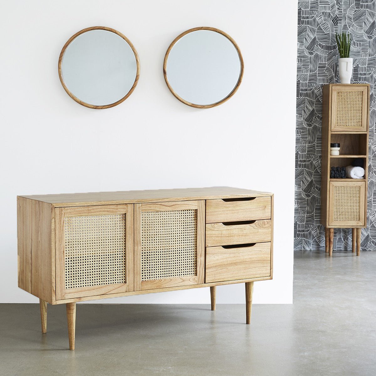 Meuble de salle de bain en mindi massif et cannage 135 cm HANA naturel, BERAH GETAH
