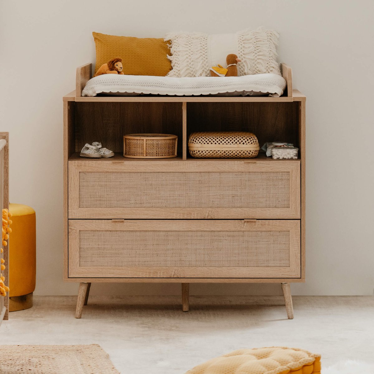 Commode à langer 2 tiroirs effet cannage bois naturel, TERRE DE NUIT