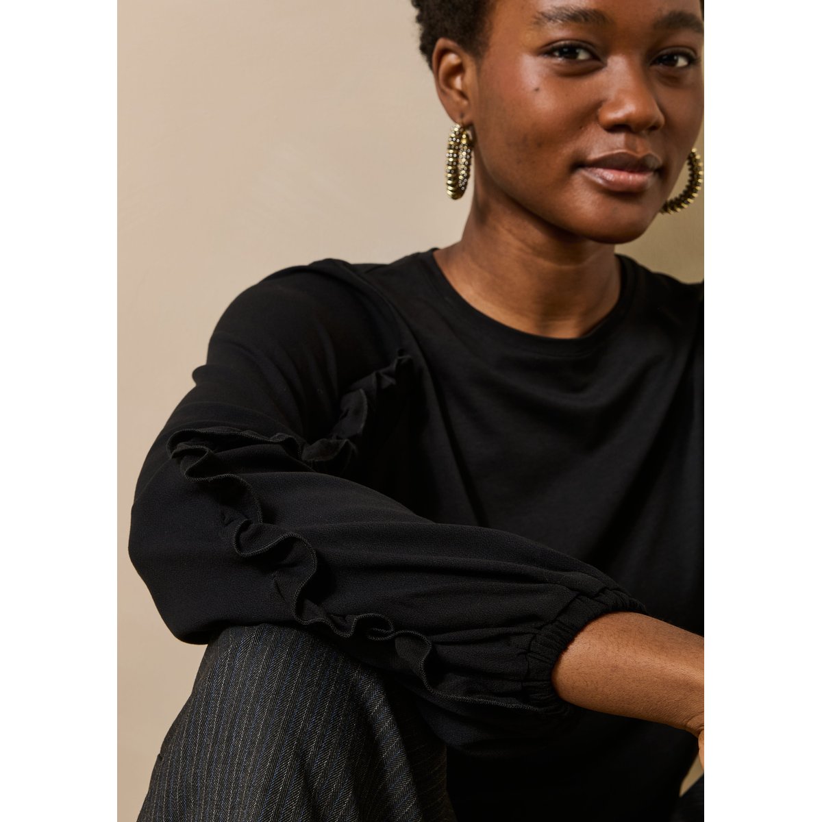 T-shirt en lyocell manches longues col rond noir, LA FEE MARABOUTEE