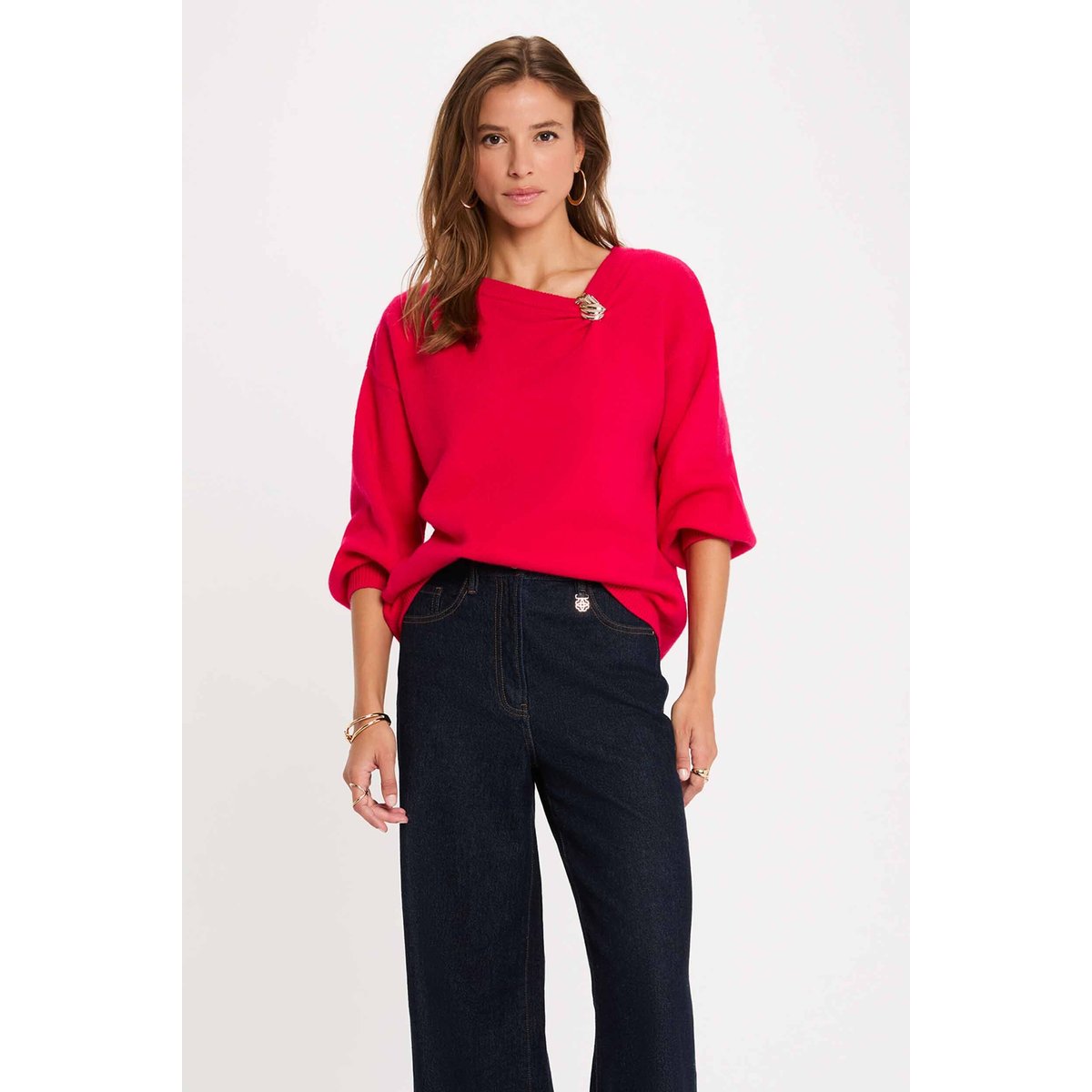 Pull col v asymétrique rose vif, MORGAN