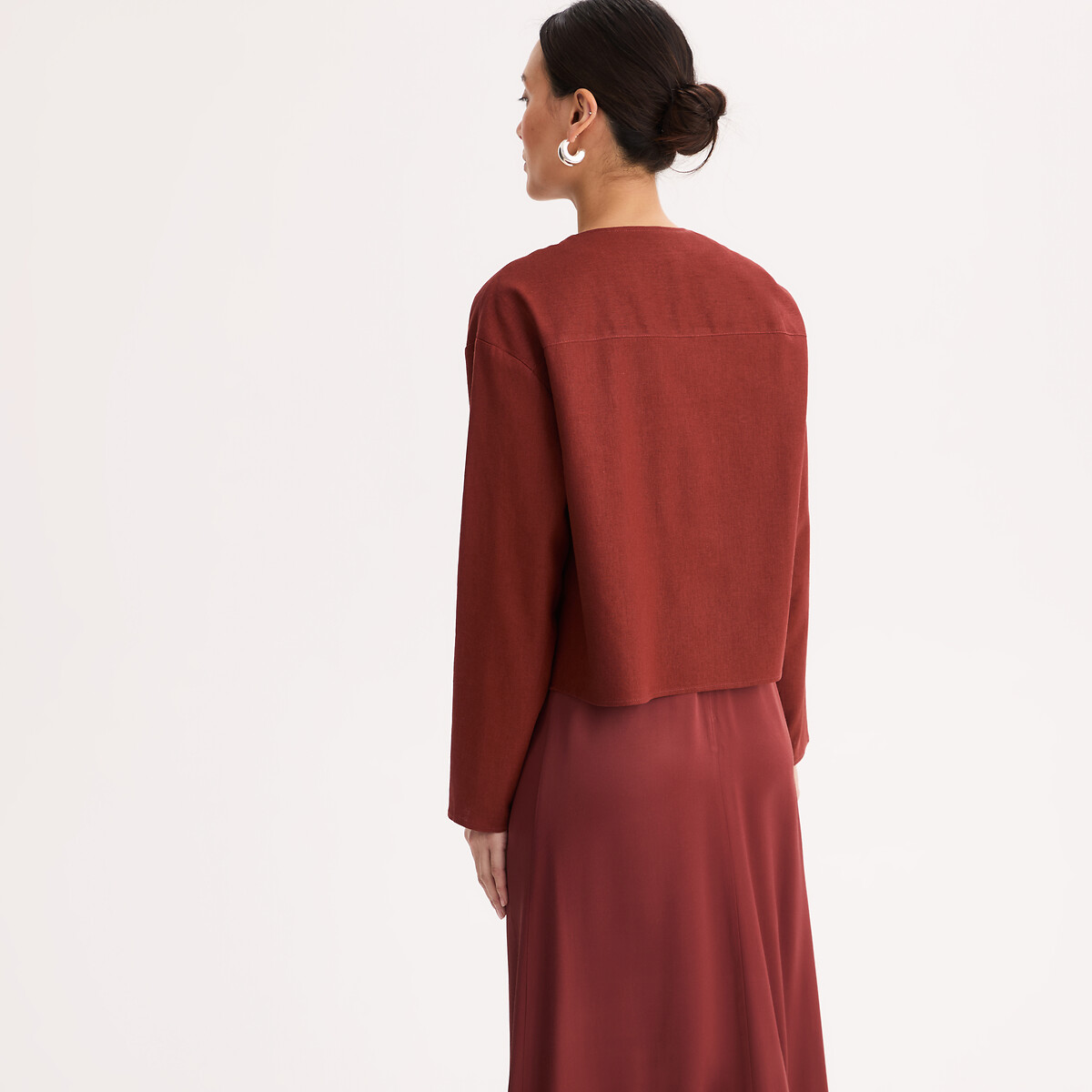 Veste droite col rond en lin et viscose marron rougi, ANNE WEYBURN
