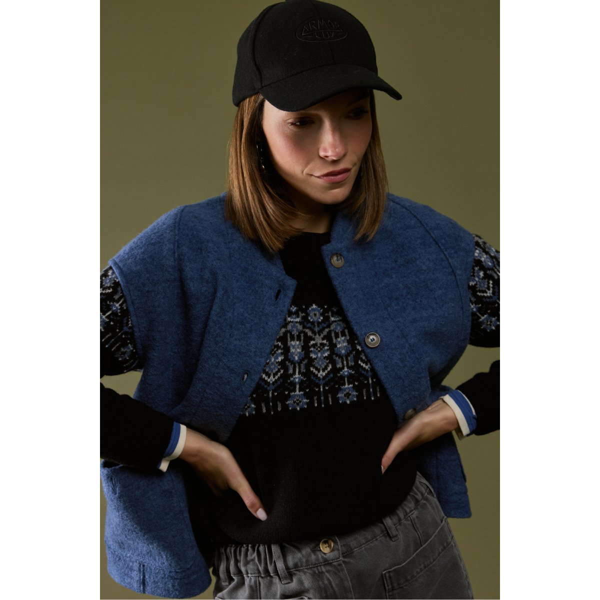 Pull jacquard Héritage - laine jacquard fleurs noir, ARMOR-LUX