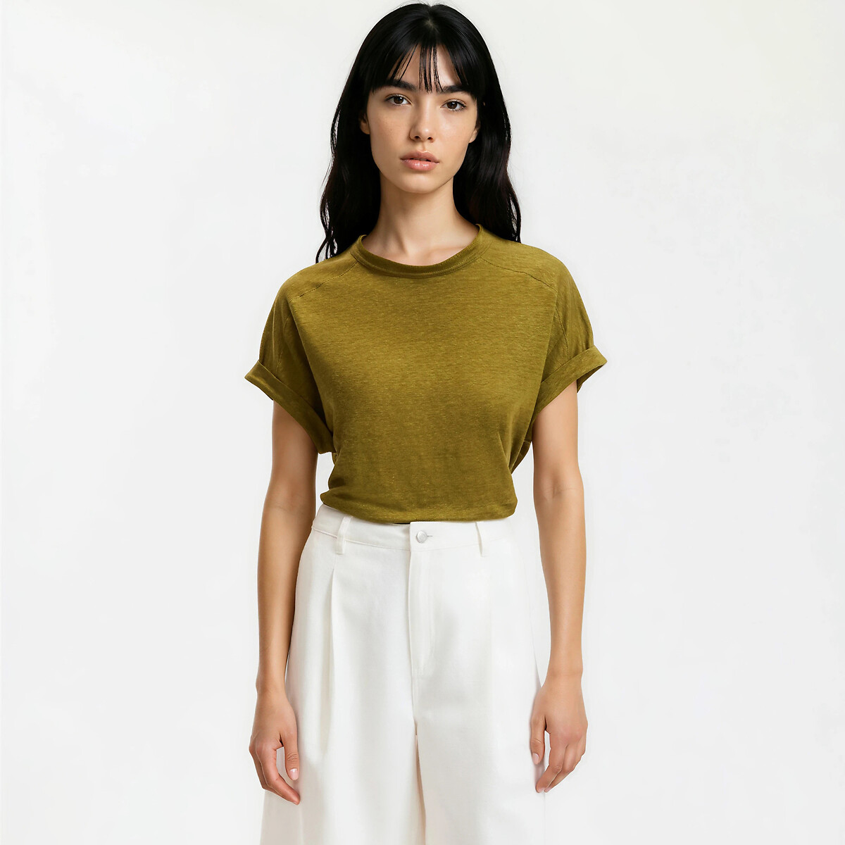 T-shirt col rond, à manches courtes, en lin vert kaki, LA REDOUTE COLLECTIONS
