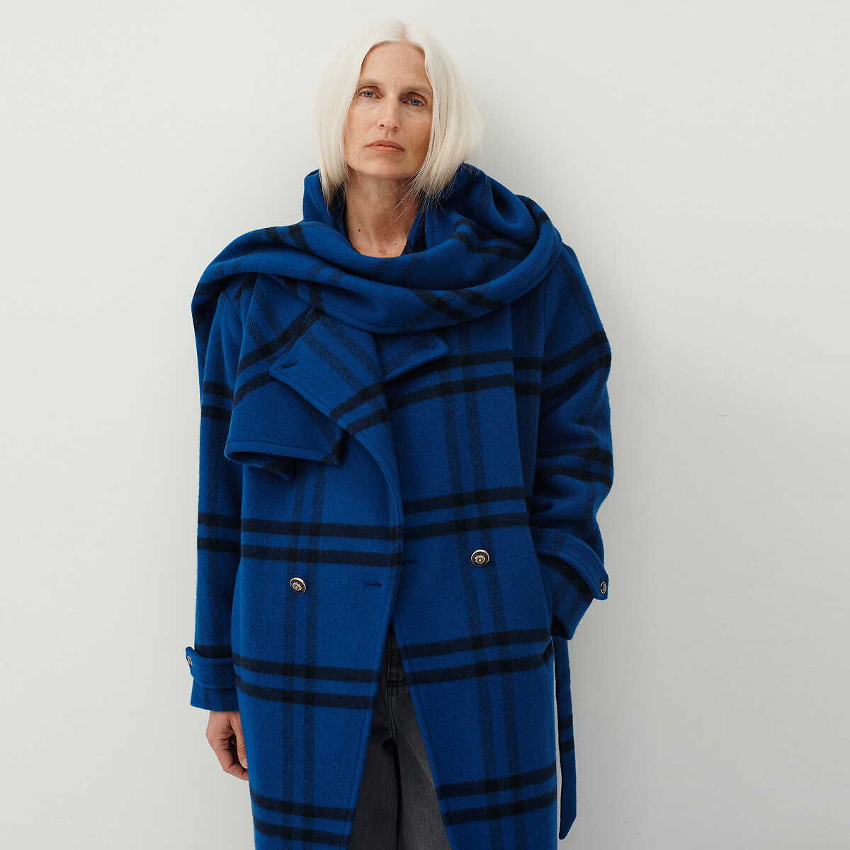 Checked Scarf Coat in Wool Blend blue checks, La Redoute Collections x Lucie Brochard