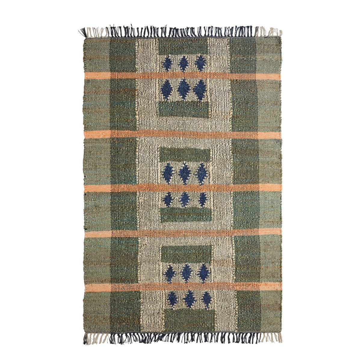 Tapis De Sol en Tissage graphique en coton et jute ANDONI vert et bleu, MADURA