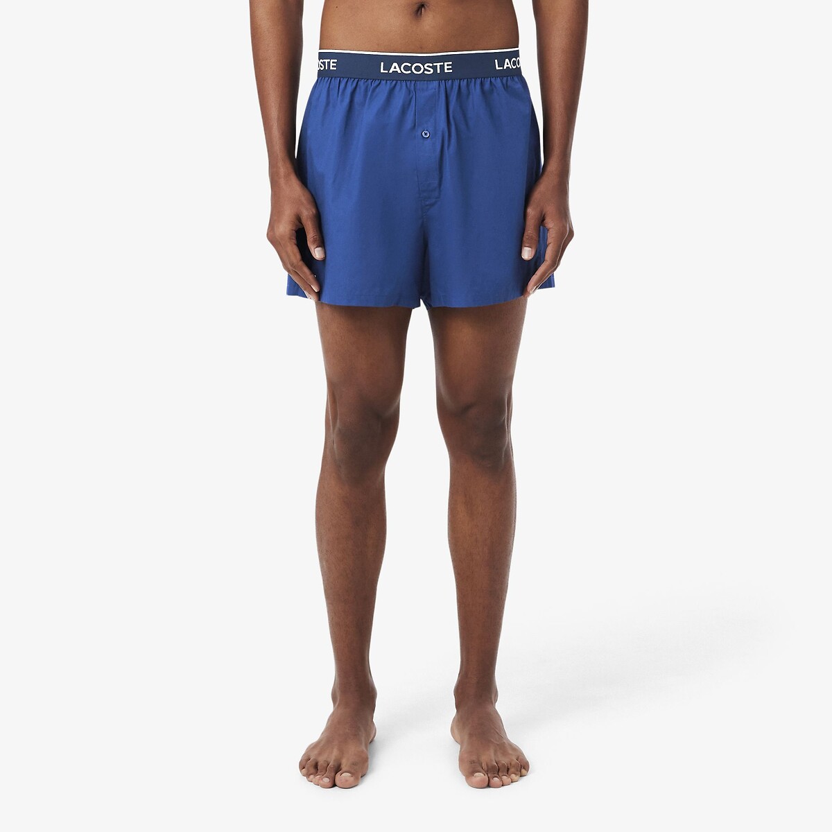 Lot de 3 caleçons en coton 2 unis + 1 imprimé rayures marine + bleu + bleu rayé, LACOSTE