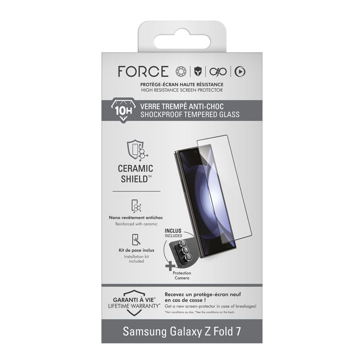 Protège écran Samsung galaxy Z Fold 7 verre + lentille couleur unique, FORCE GLASS