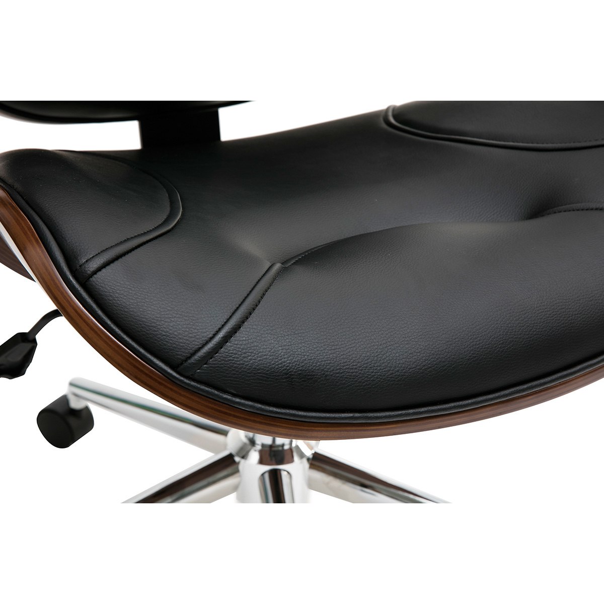 Chaise de bureau à roulettes design en tissu effet velours texturé beige, bois foncé et acier chromé YORKE noyer / noir, MILIBOO