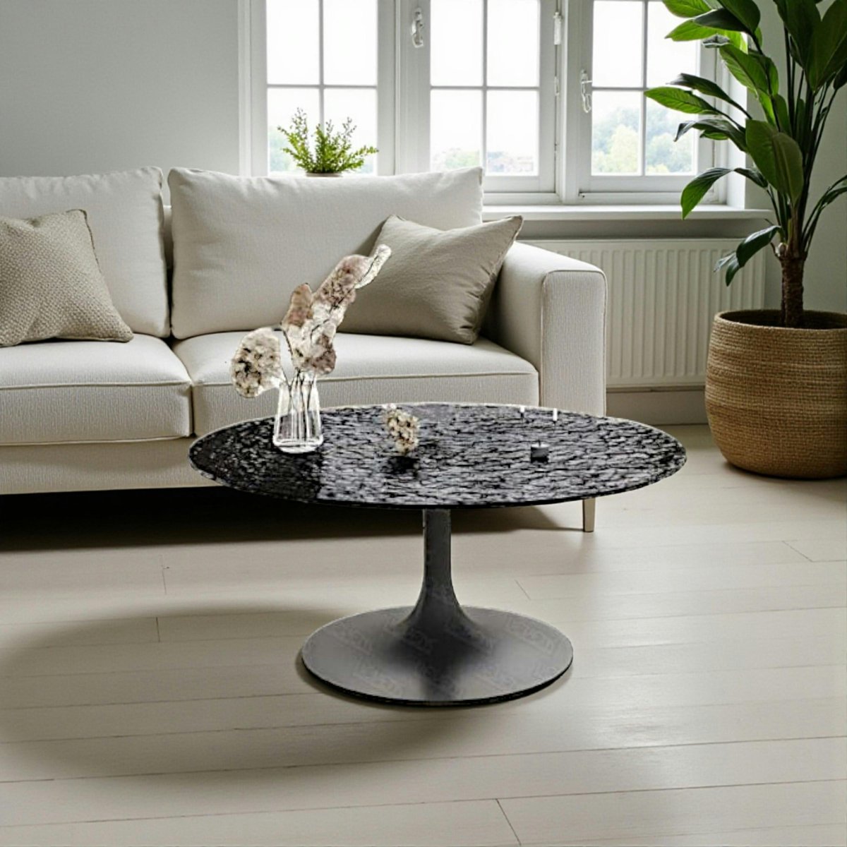 Table basse ronde verre ondulé noir, pied tulipe LIGURIE noir, PIER IMPORT