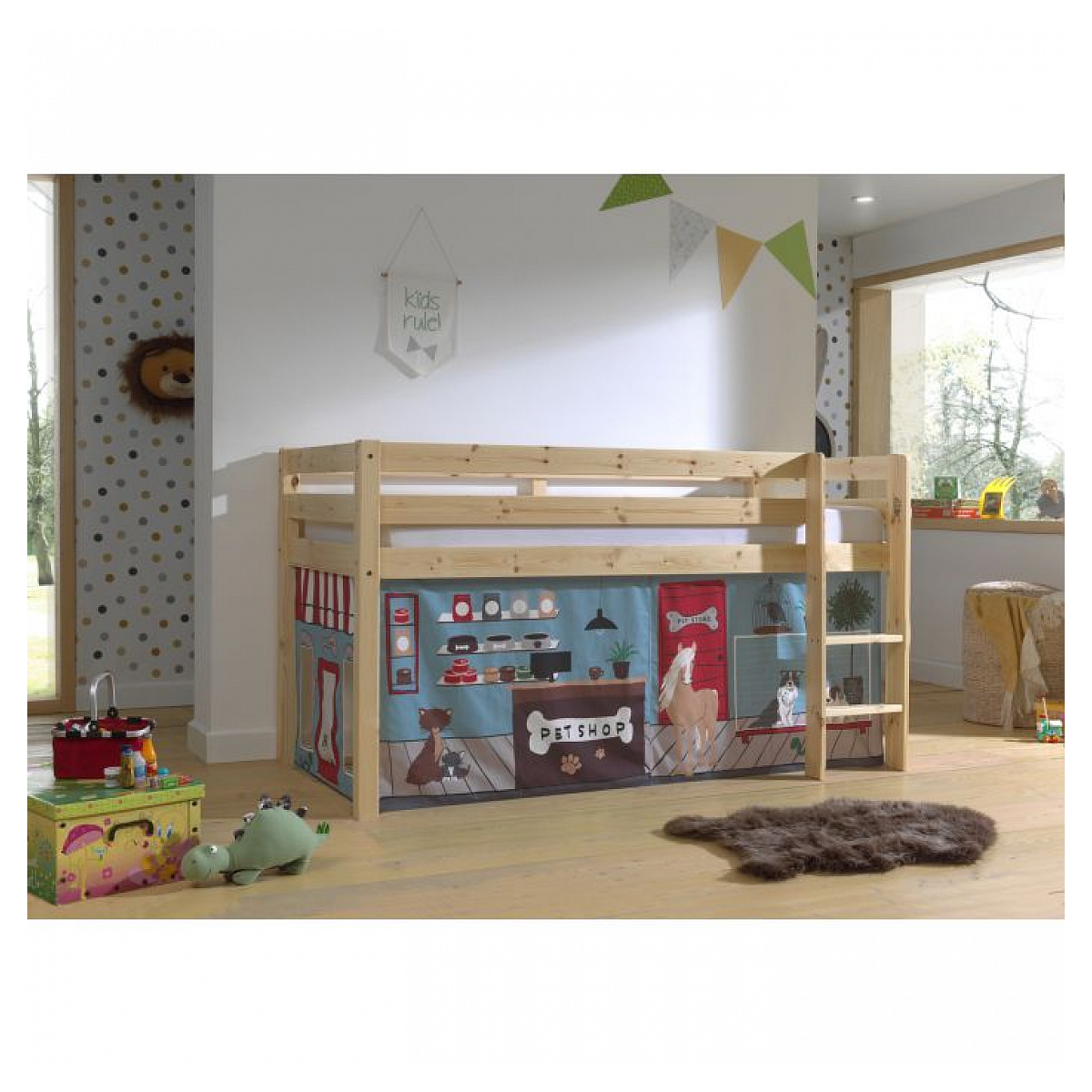 Lit Compact Naturel + Rideau en parties Animalerie couleur unique, VIPACK