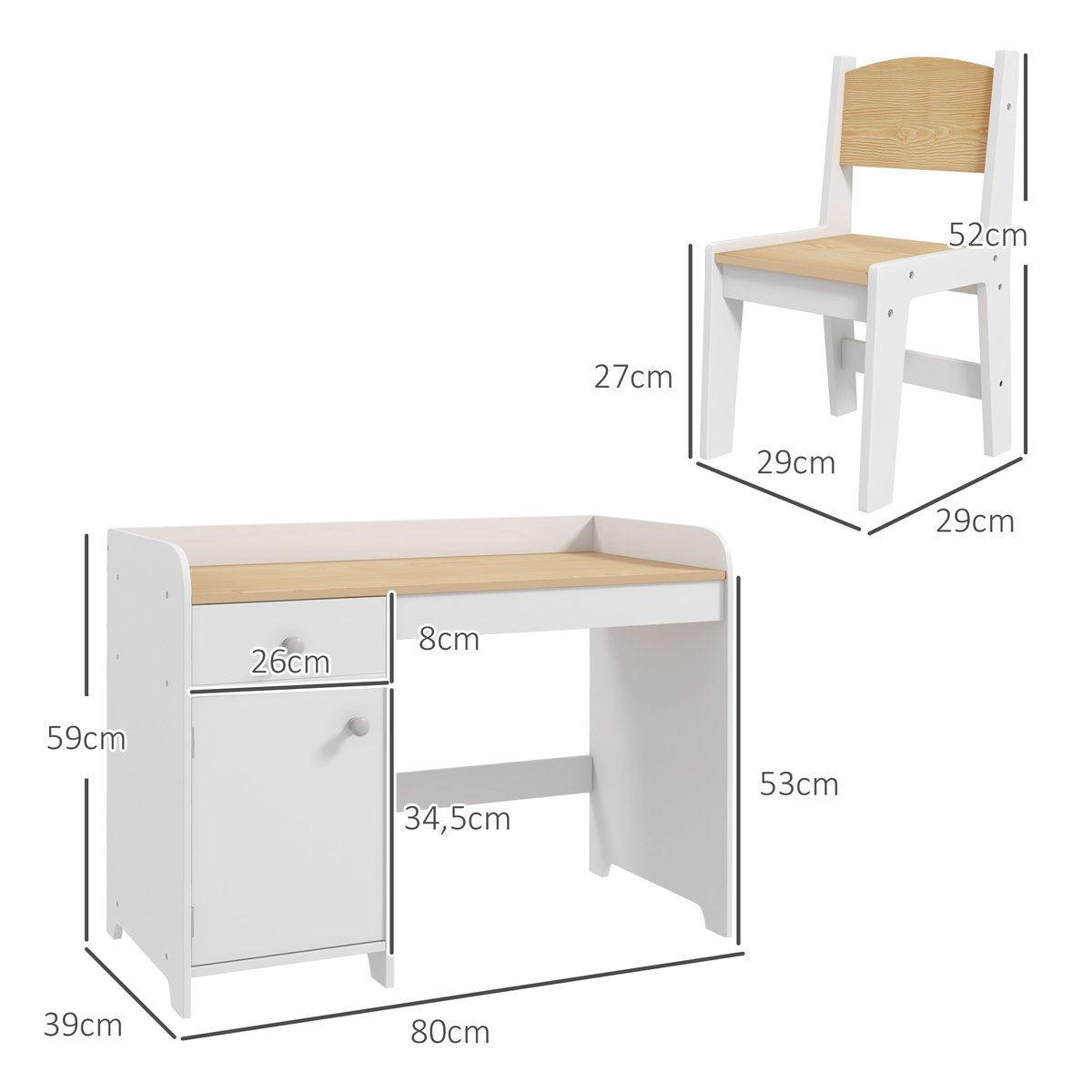 Bureau d'étude pour enfants avec chaise MDF blanc et bois clair, ZONEKIZ