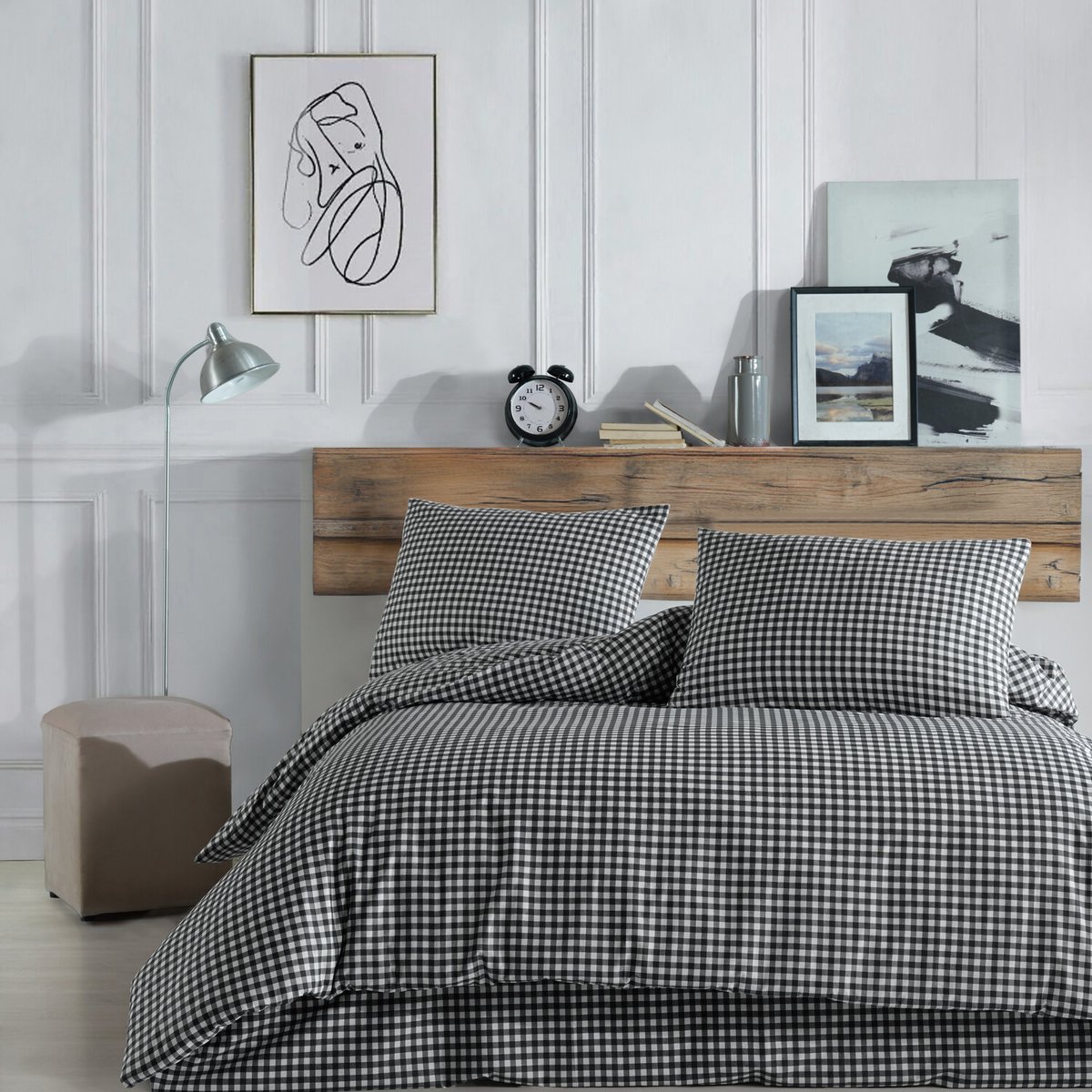Parure Housse de couette 3 pcs 240x220 cm 100% coton 57 fils imprimé."Vichy noir " blanc / gris / noir, C DESIGN HOME TEXTILE