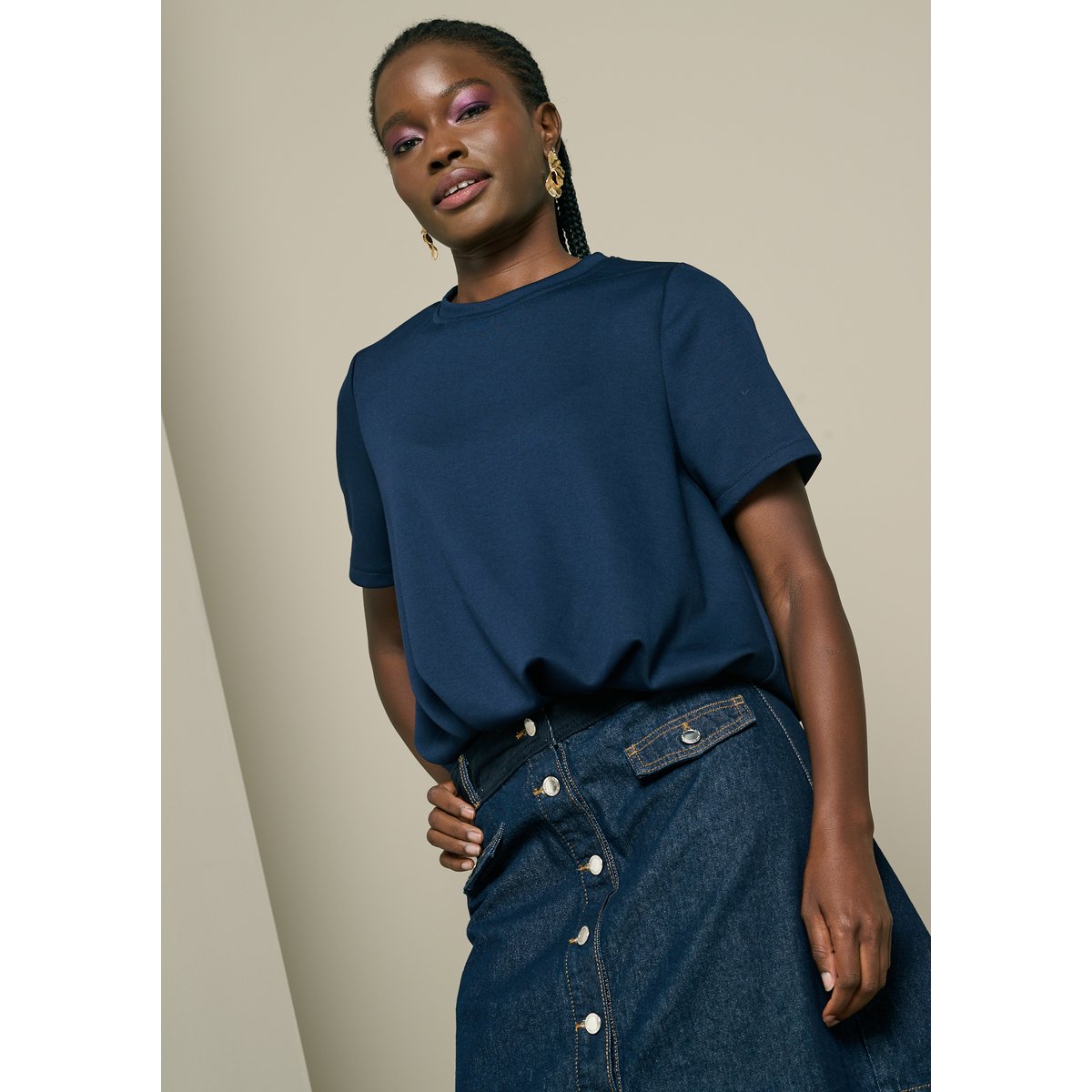 T-shirt col rond effet boule bleu marine, LOLALIZA