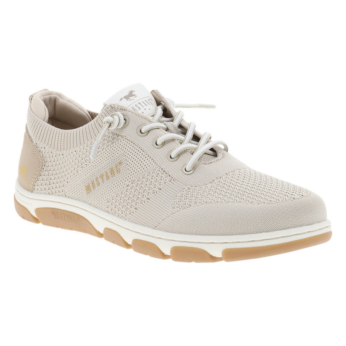 Sneakers bleu marine à talon plat avec une fermeture à lacets élastiqués beige, MUSTANG