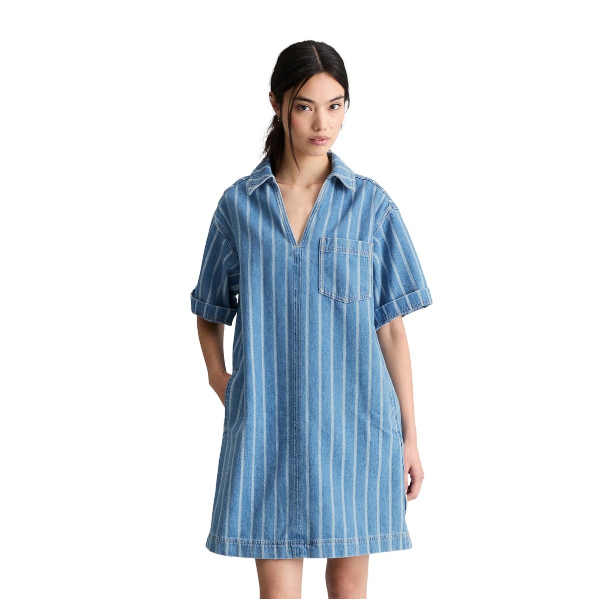 Robe en jean rayée, coupe ample en pur coton organique bleu, MARC O’POLO DENIM