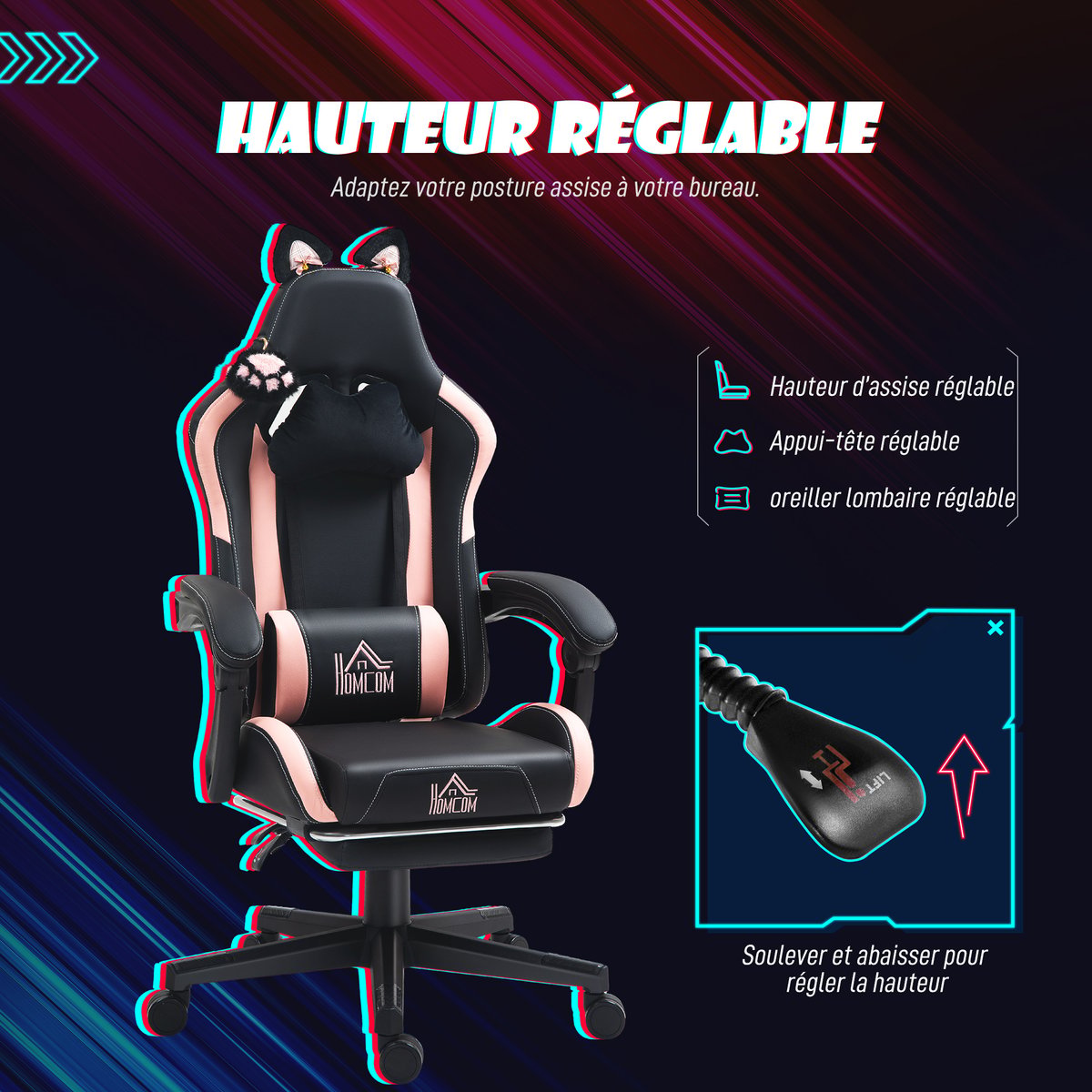 Fauteuil de gaming Plastique Noir noir et rose, HOMCOM