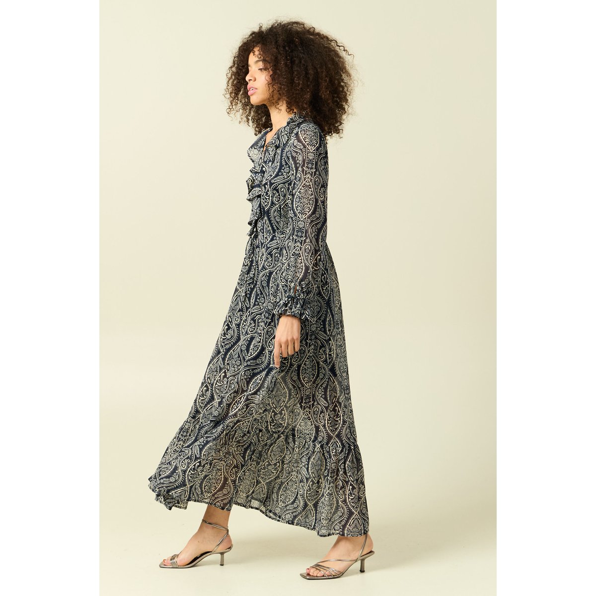Robe longue évasée col v manches longues bleu marine, BONOBO