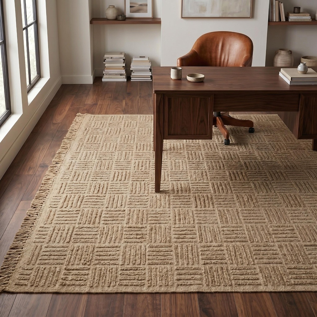 Tapis damier en jute  artisanal reliefs  JUTE NATUREL - style bohème beige, THE DECO FACTORY