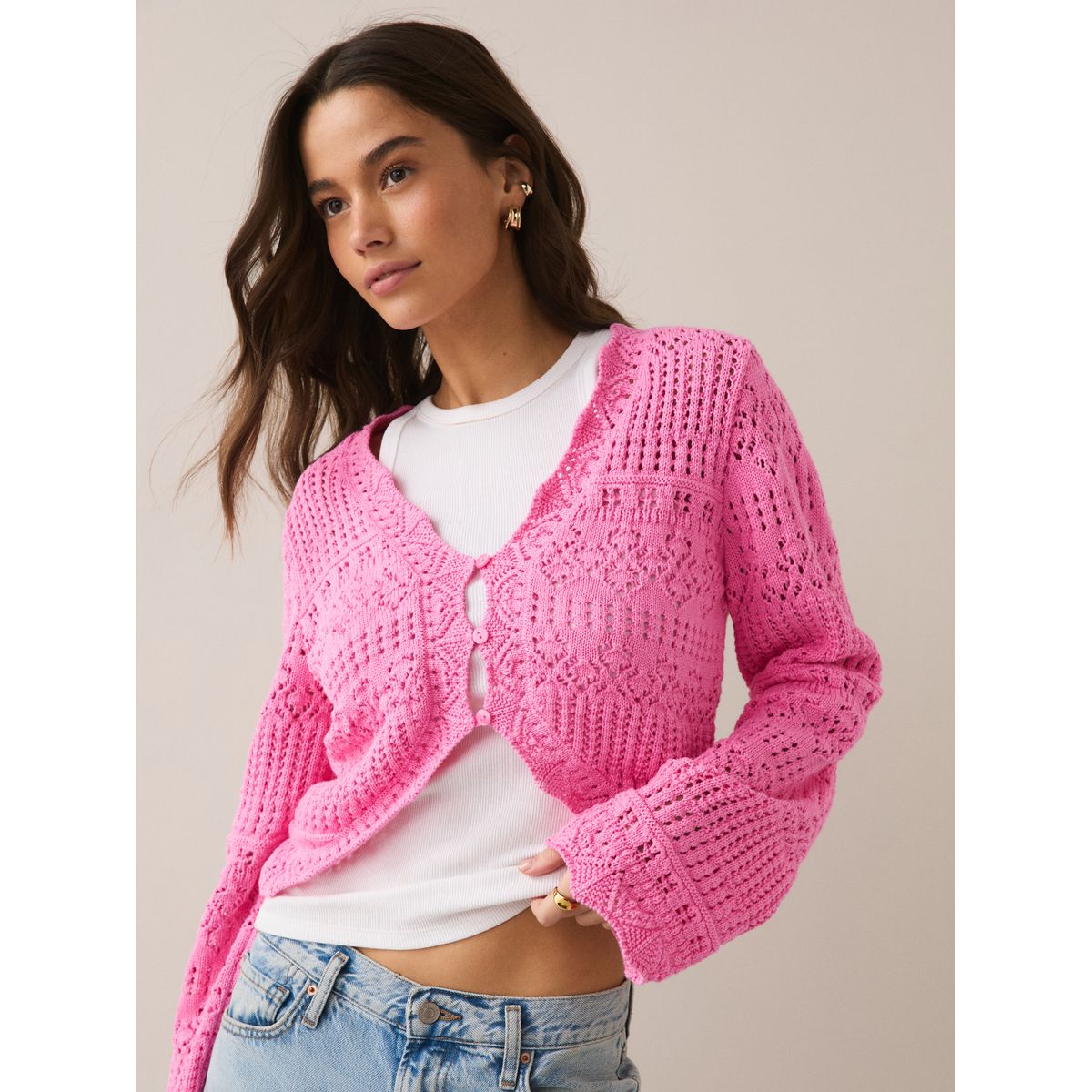 Cardigan en maille pointelle avec boutons pink fluorescent, NEXT