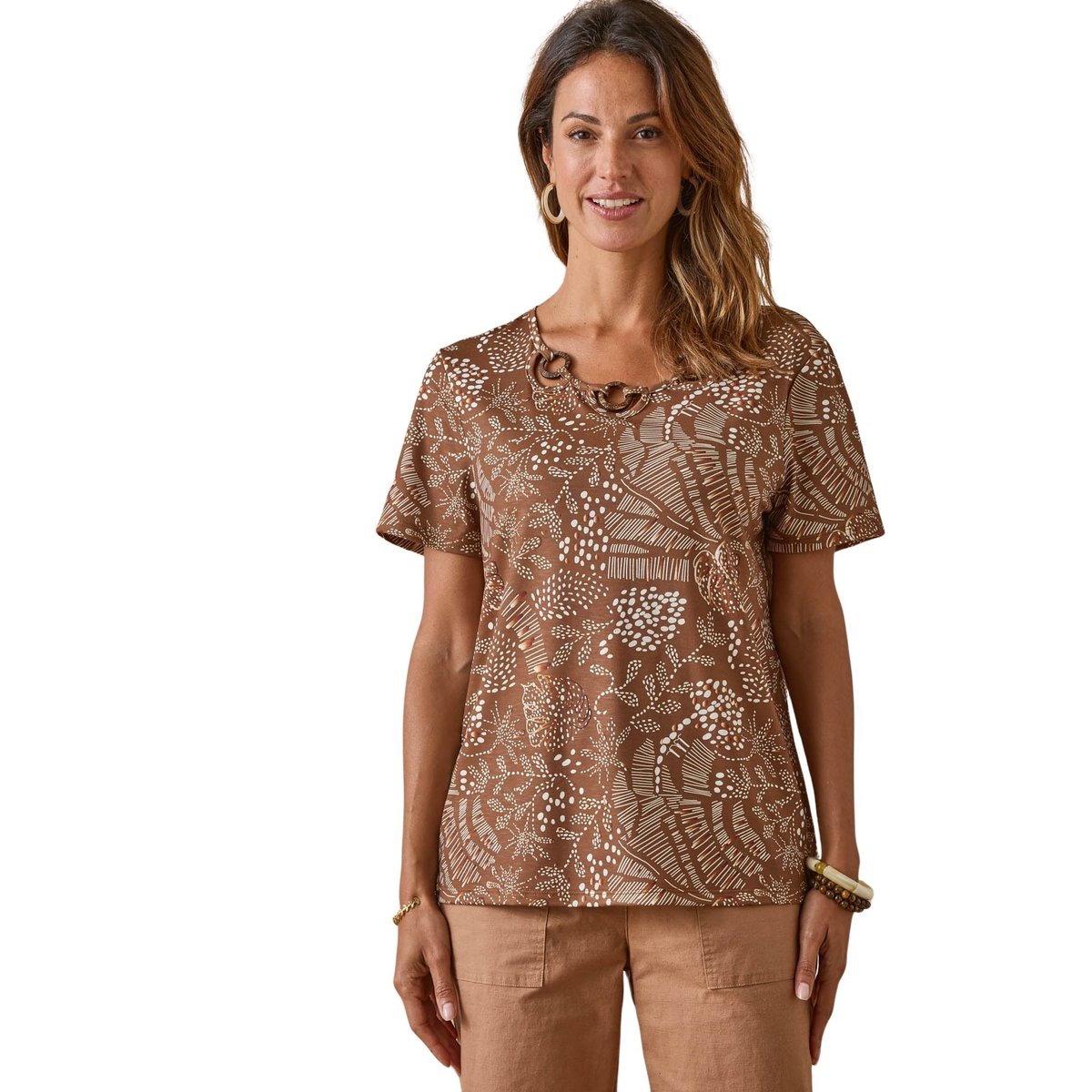 Tee-shirt encolure fantaisie imprimé marron, DAXON