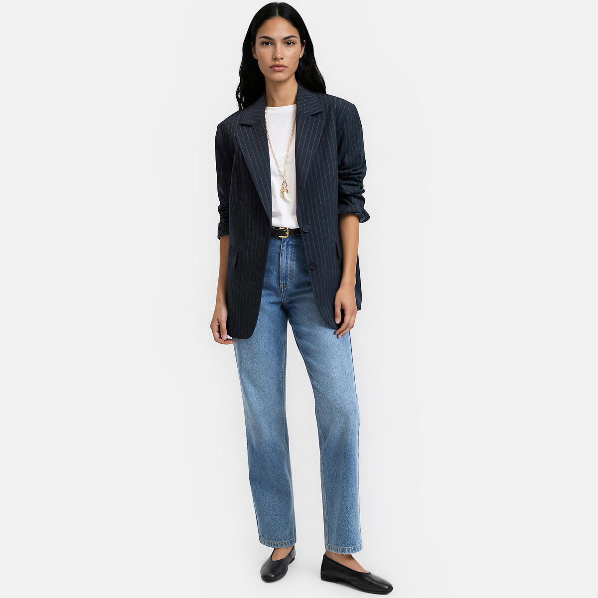 Blazer long, coupe oversize, rayures tennis rayé marine/blanc cassé, LA REDOUTE COLLECTIONS