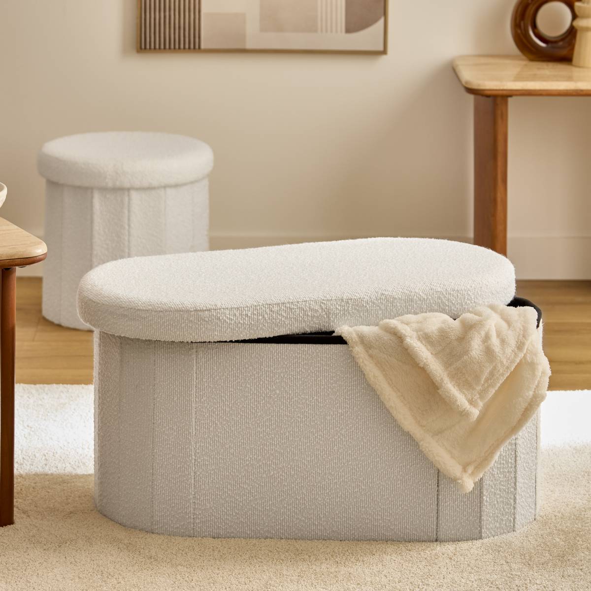 Pouf ovale pliable avec rangement FINK blanc, ATMOSPHERA