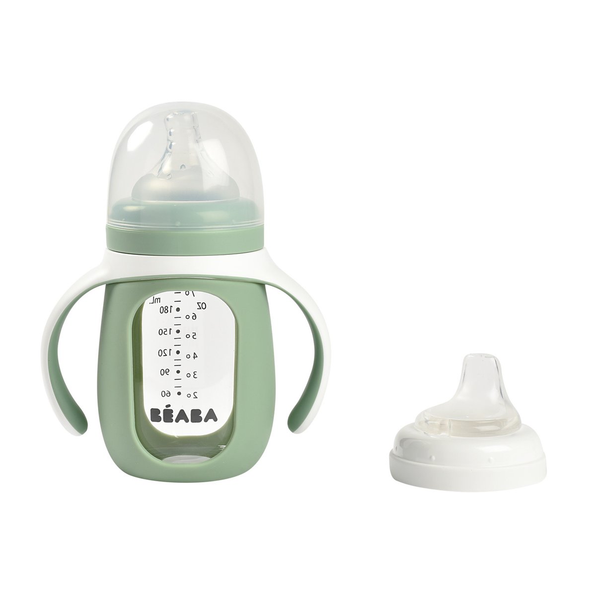 Biberon verre + housse silicone 2 en 1 vert sauge, BEABA