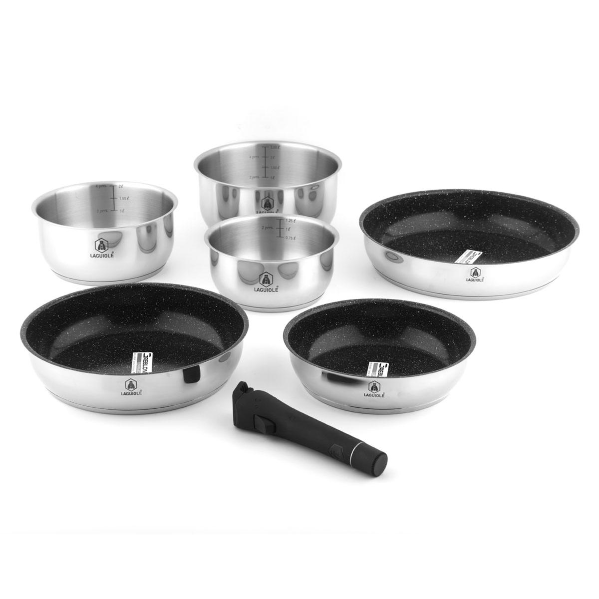 Set de 7 pièces inox amovible antiadhésif - "Réactif" couleur unique, LAGUIOLE CUISSON
