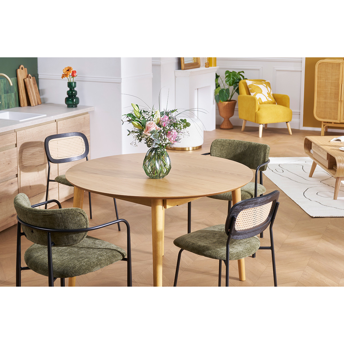 Table extensible rallonges intégrées ronde en bois clair chêne L115-154 cm EGO chêne clair, MILIBOO
