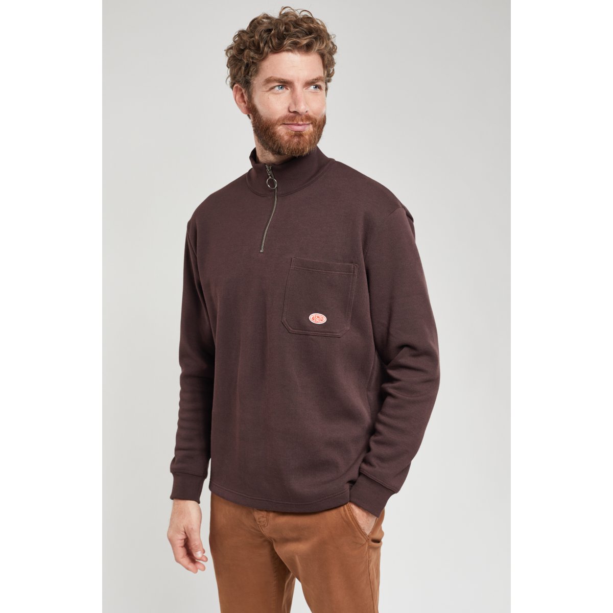 Sweat col camionneur en coton épais bio acajou foncé, ARMOR-LUX