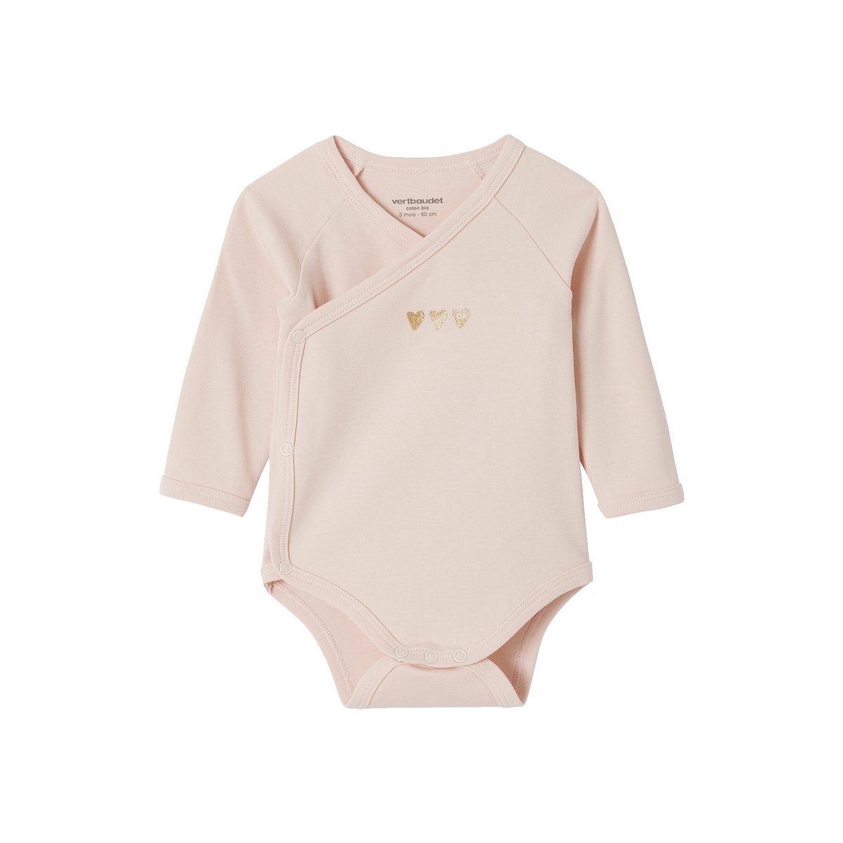Lot 5 bodies "coeur" manches longues ouverture naissance en coton bio rose pâle, VERTBAUDET