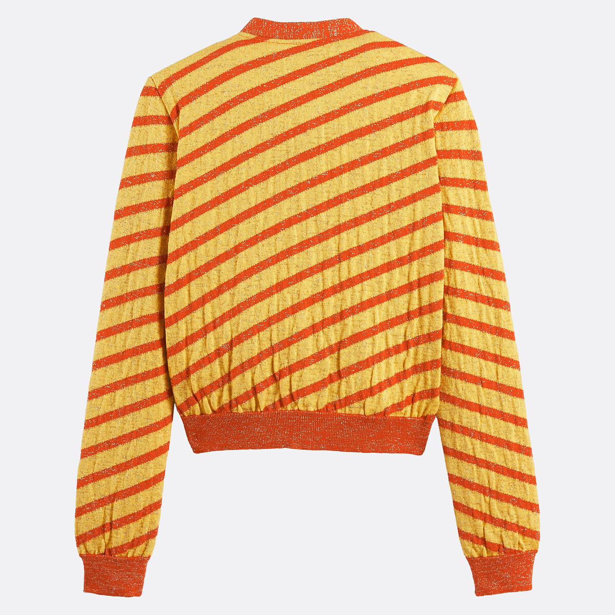 Gilet lavallière, en laine mérinos et fibres métallisées rayé orange, BLANCHEMAILLE