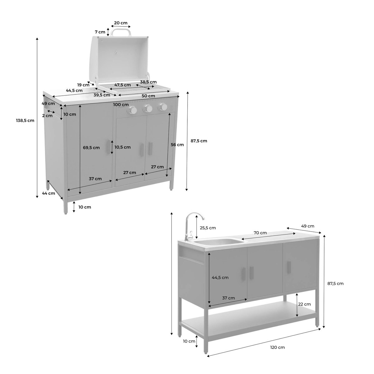 Cuisine d'extérieure 2 modules avec barbecue gaz 3 brûleurs sur pieds, thermomètre NAXOS BARBECUE GAZ + 1 MODULE noir, SWEEEK