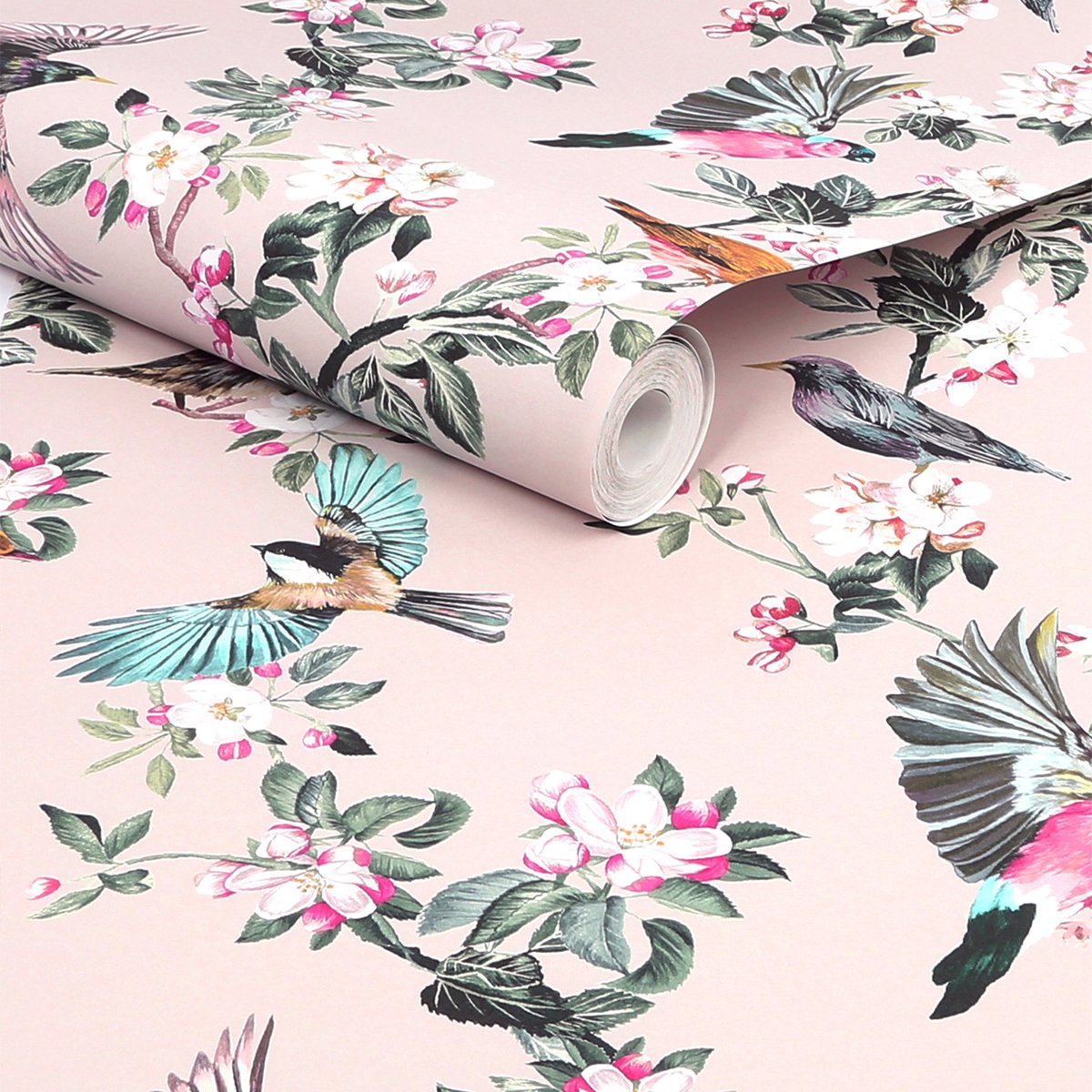 Papier peint Oiseaux du printemps sur des branches de cerisiers en fleurs multicolore, JOULES