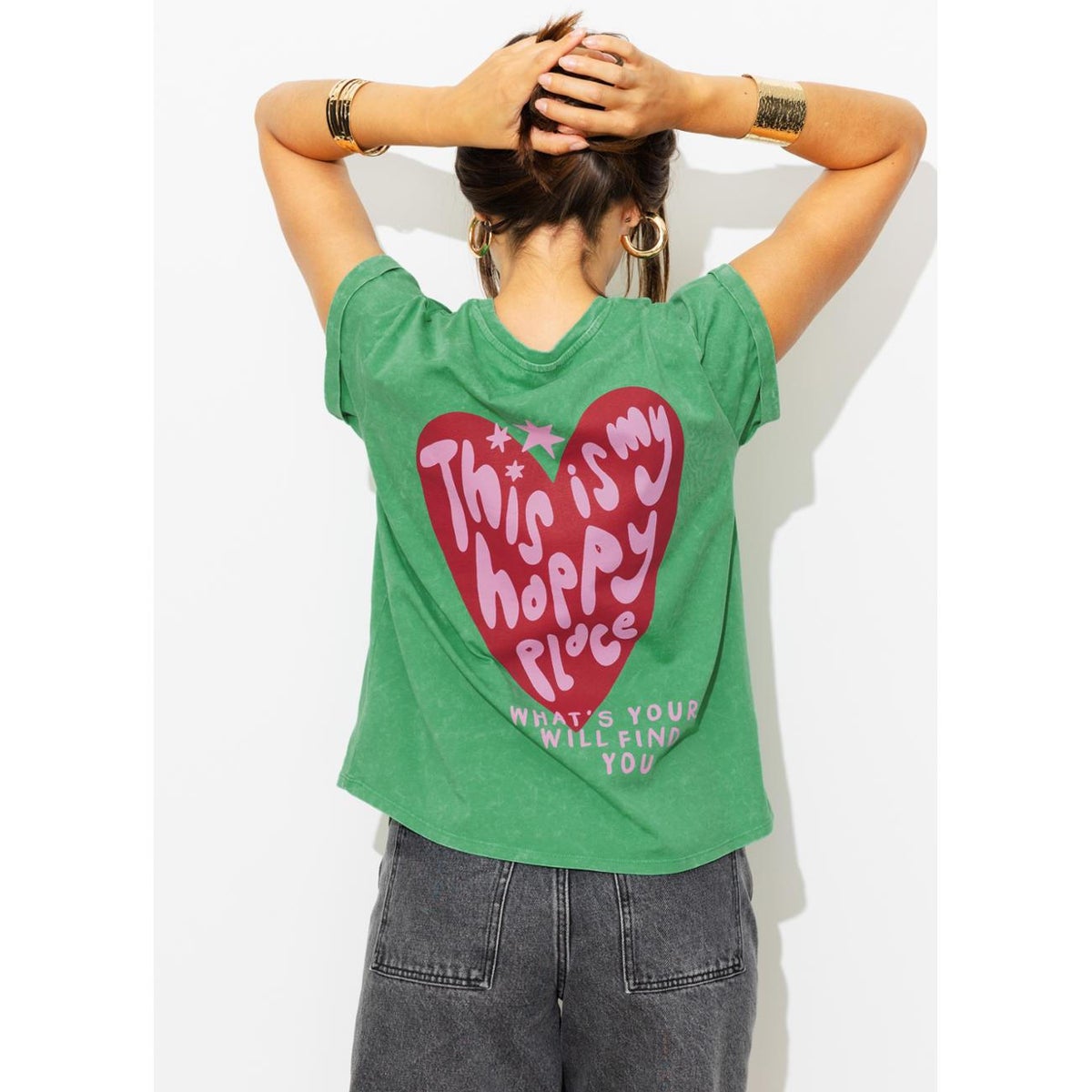 T-shirt à message coeur imprimé vert, PROMOD