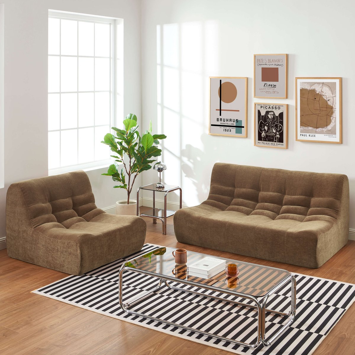 Ensemble banquette + chauffeuse velours JANIS marron, SORELH