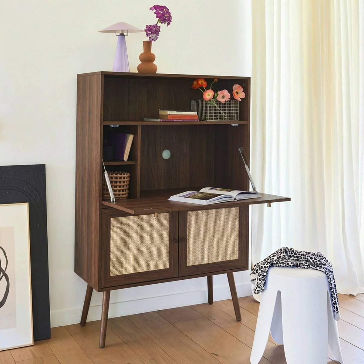 Bureau secrétaire décor bois et cannage 2 portes BOHÈME naturel, SWEEEK
