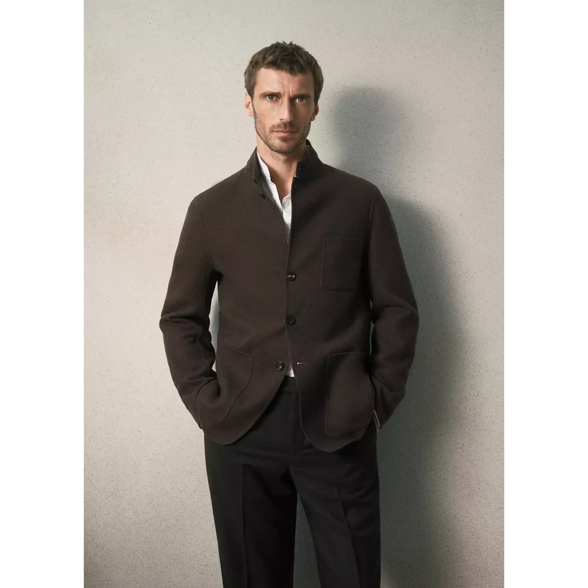 Blazer à col cheminée 100 % laine coupe slim fit marron, MANGO MAN