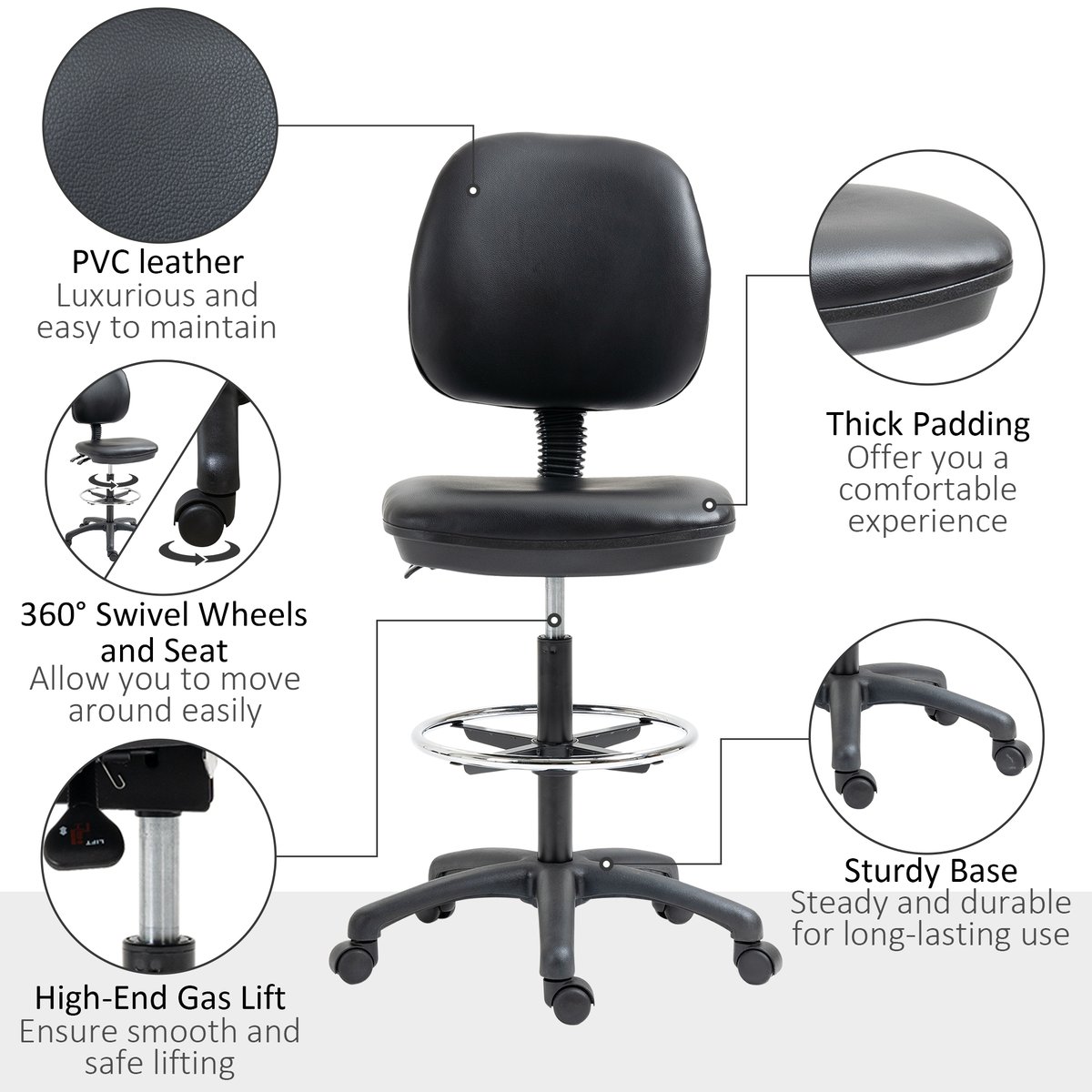 Chaise de bureau pour poste de travail debout noir, HOMCOM